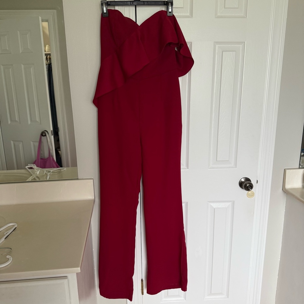 Red Gianni Bini One Shoulder Ruffle jumpsuit